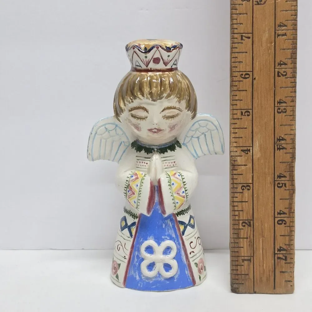 Vintage Signed Art Pottery Praying Angel Figurine Hand painted